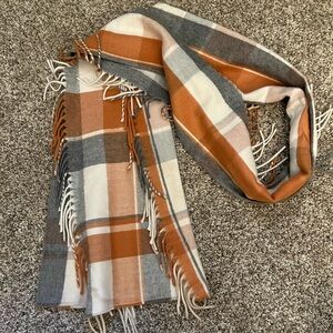 Plaid Fringe Scarf in Orange and Gray